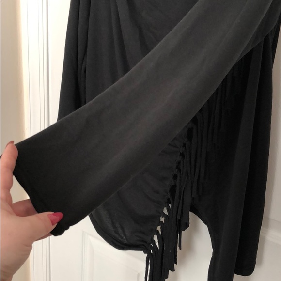 Black Buttoned Slouch Neck Cardigan with Fringe - Picture 6 of 6